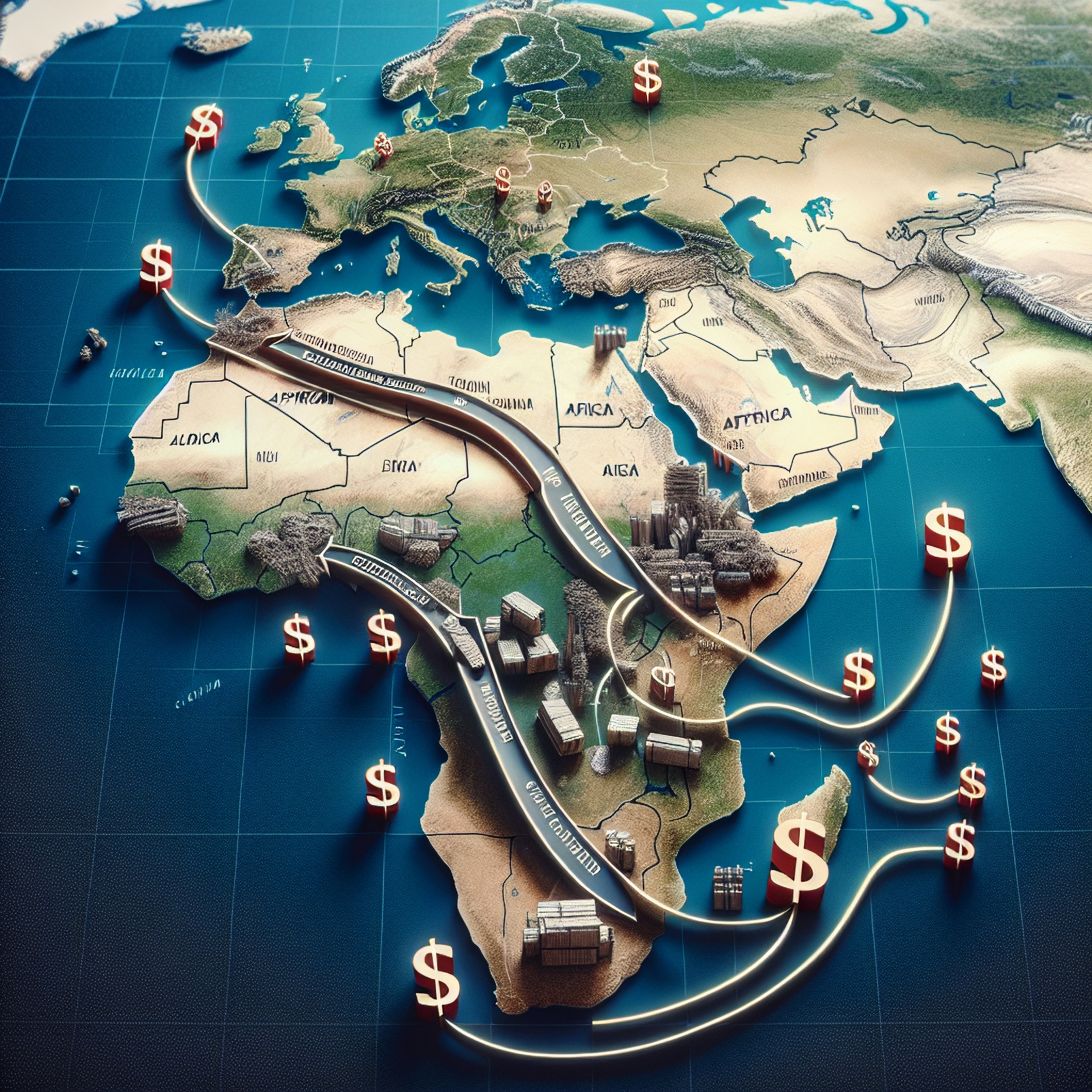 Stylised map illustrating resource flows from Africa to Europe, highlighting trade connections.